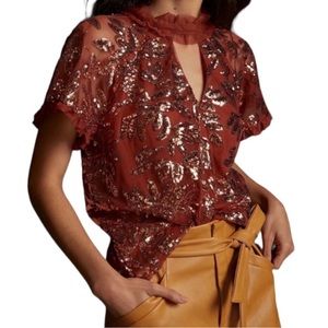 NWT Anthropologie Sequin Blouse Top Size Medium Fall Dress Bow Neck Ruffle